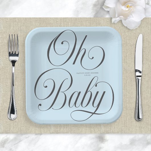 Oh Baby Elegant Script Lt. Blue Boy Baby Shower Pappteller
