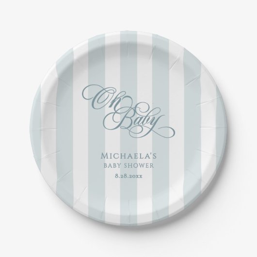 Oh Baby Elegante Script & Stripes Baby Dusche Pappteller (Vorderseite)