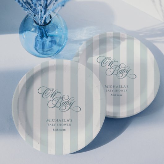 Oh Baby Elegante Script & Stripes Baby Dusche Pappteller