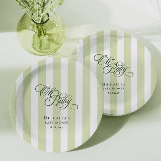 Oh Baby Elegante Script & Stripes Baby Dusche Pappteller