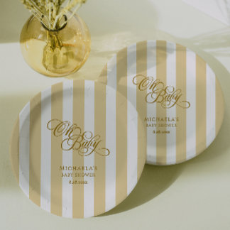 Oh Baby Elegante Script & Stripes Baby Dusche Pappteller