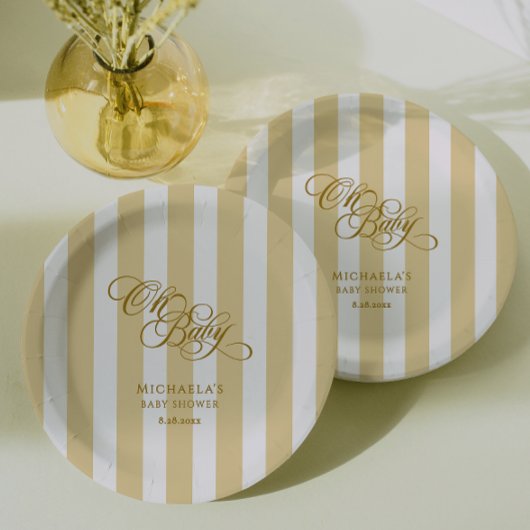 Oh Baby Elegante Script & Stripes Baby Dusche Pappteller