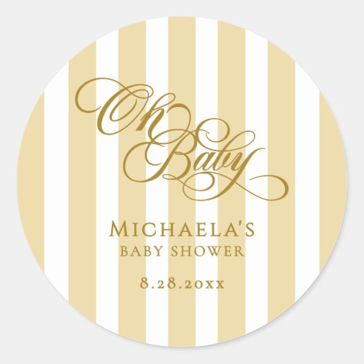 Oh Baby Elegante Script & Stripes Baby Dusche Runder Aufkleber (Vorderseite)