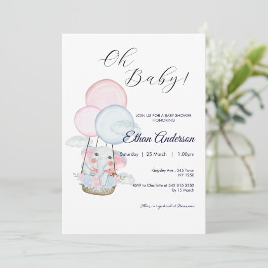 Oh Baby Elephant Balloon Baby Shower Einladung (Stehend Vorderseite)