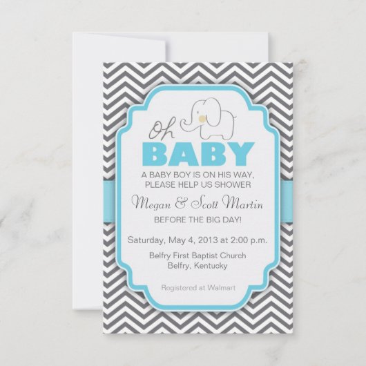 Oh Baby Elephant - Blue & Gray Baby Showeinladung Einladung (Vorderseite)