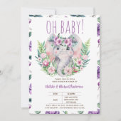 Oh Baby Elephant mit violetten Blumen Moderne Dusc Einladung (Vorderseite)