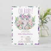 Oh Baby Elephant mit violetten Blumen Moderne Dusc Einladung (Stehend Vorderseite)