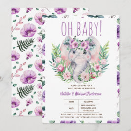 Oh Baby Elephant mit violetten Blumen Moderne Dusc Einladung