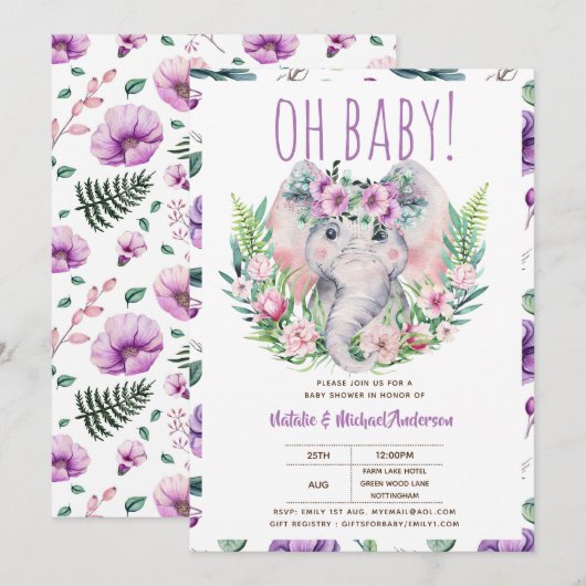 Oh Baby Elephant mit violetten Blumen Moderne Dusc Einladung (Vorne/Hinten)