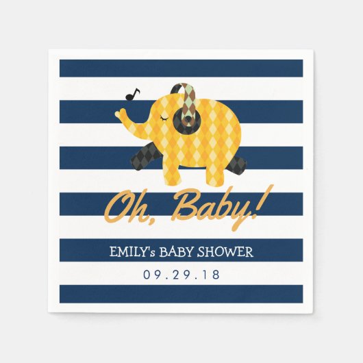Oh Baby Elephant Navy Blue Stripes Baby Dusche Serviette (Vorderseite)