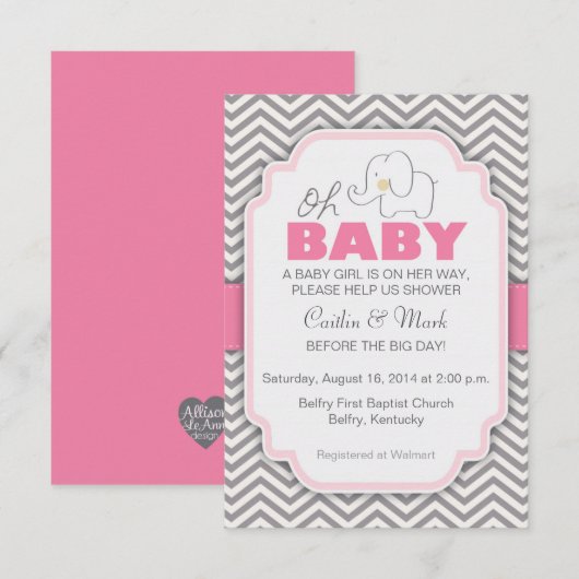 Oh Baby Elephant - Rosa & Gray Baby Dusche Einladu Einladung (Vorne/Hinten)