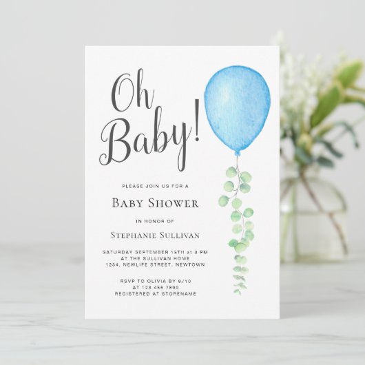 Oh Baby Eucalyptus Blue Balloon Baby Dusche Einladung (Stehend Vorderseite)