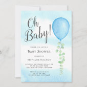 Oh Baby Eucalyptus Blue Balloon Baby Dusche Einladung (Vorderseite)