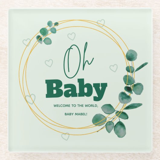 Oh Baby Eucalyptus Leaves Baby Shower Glasuntersetzer (Vorderseite)