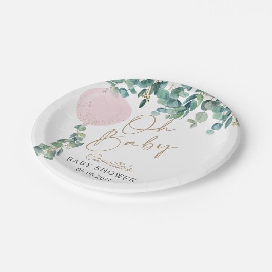 Oh Baby Eucalyptus Pink Balloon Baby Dusche Pappteller (Schrägansicht)