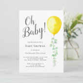 Oh Baby Eucalyptus Yellow Balloon Baby Dusche Einladung (Stehend Vorderseite)