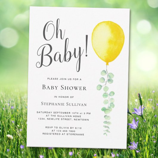 Oh Baby Eucalyptus Yellow Balloon Baby Dusche Einladung
