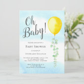 Oh Baby Eucalyptus Yellow Balloon Baby Dusche Einladung (Stehend Vorderseite)