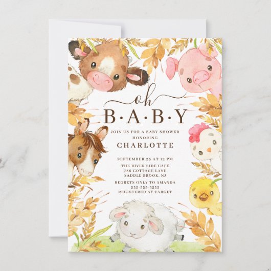 Oh Baby Farm Animals Dusche Einladung (Vorderseite)