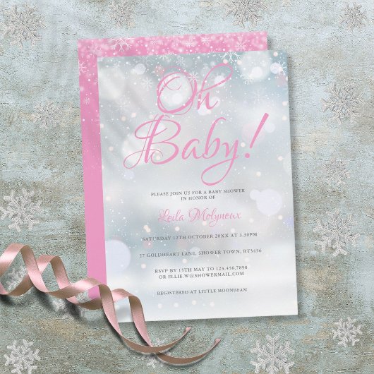 Oh Baby First Snowflakes Pink Baby Dusche Einladung