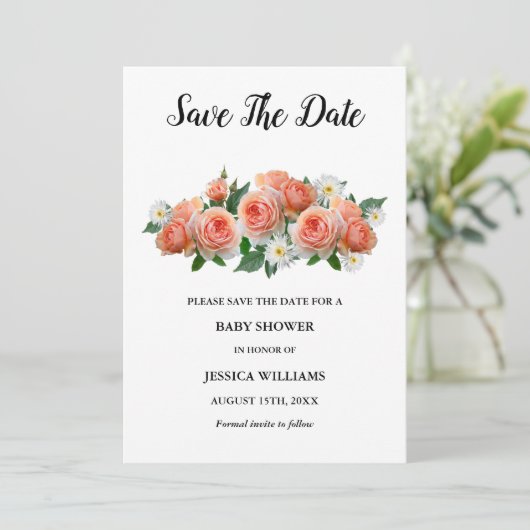"Oh baby" Floral Apricot Rose Babydusche Save The Date (Stehend Vorderseite)