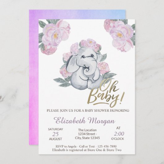 Oh Baby Floral Elephant Baby Dusche Einladung (Vorne/Hinten)