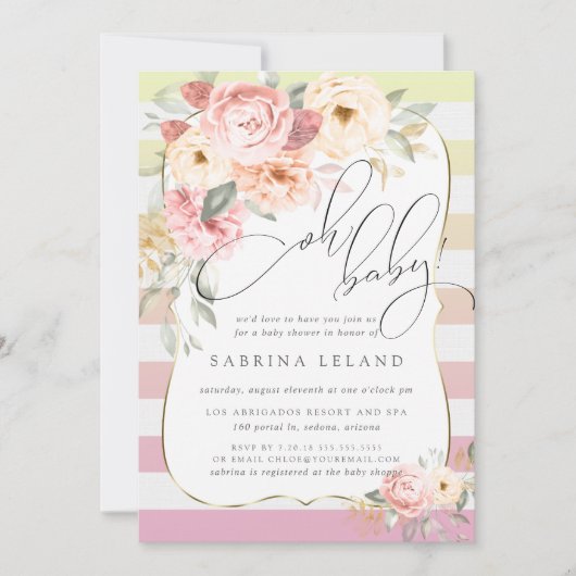 Oh Baby Floral Pink Yellow Ombre Streifen Einladung (Vorderseite)