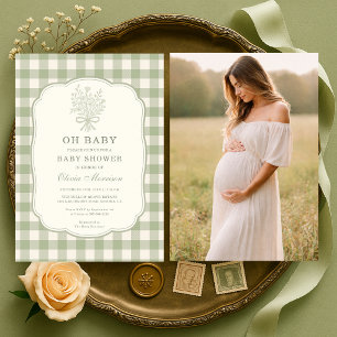 Oh Baby Foto Gingham Salbeigrüne Babyparty Einladung