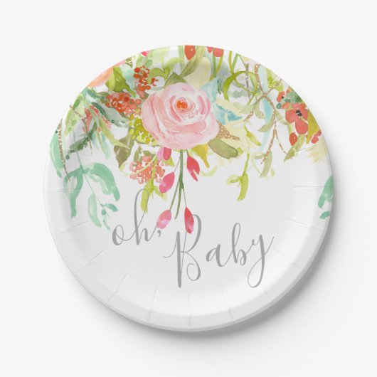 oh Baby Garden Floral Pink Grau Dusche Party Event Pappteller (Vorderseite)