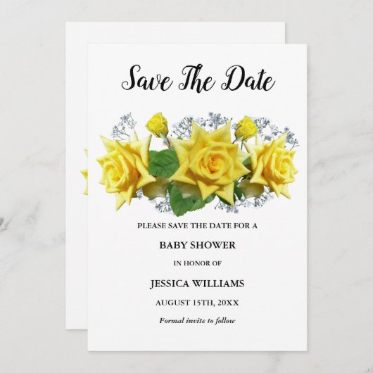 "Oh Baby" Gelbe Rosen Blumenspülung Save The Date (Vorne/Hinten)