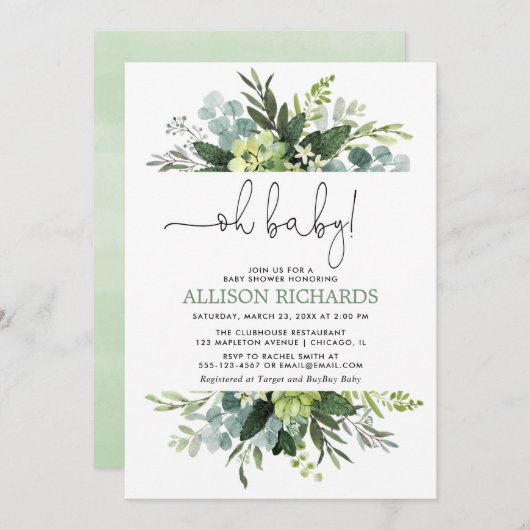 Oh Baby Gender neutrale grüne Blattdusche Einladung (Vorne/Hinten)