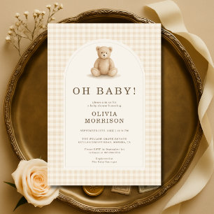 Oh Baby Gingham Teddy Bear Beige Babyparty Einladung