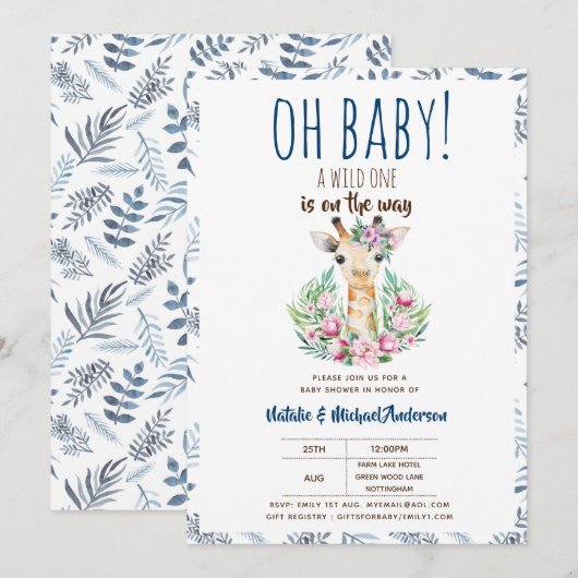 Oh Baby Giraffe A Wild One Safari Animal Floral Einladung (Vorne/Hinten)