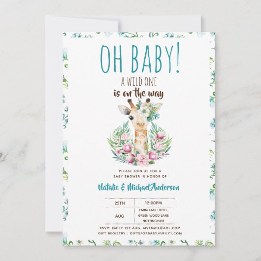 Oh Baby Giraffe A Wild One Safari Animal Floral Einladung (Vorderseite)