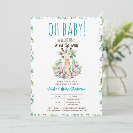 Oh Baby Giraffe A Wild One Safari Animal Floral Einladung (Stehend Vorderseite)