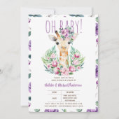 Oh Baby GIRAFFE mit violetten Blumen Moderne Dusch Einladung (Vorderseite)