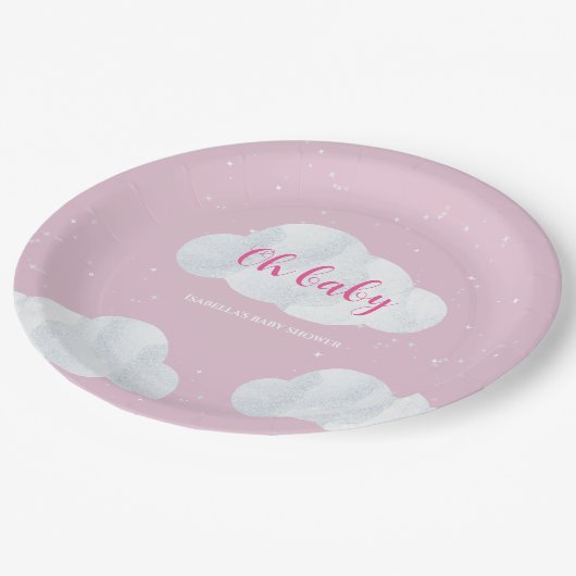 Oh Baby Girl Pink Clouds Sky Stars Baby Dusche Pappteller (Schrägansicht)