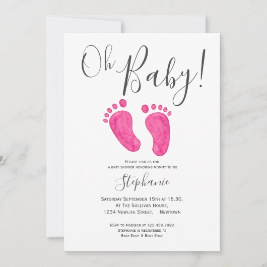 Oh Baby Girl Pink Feet Baby Dusche Einladung (Vorderseite)