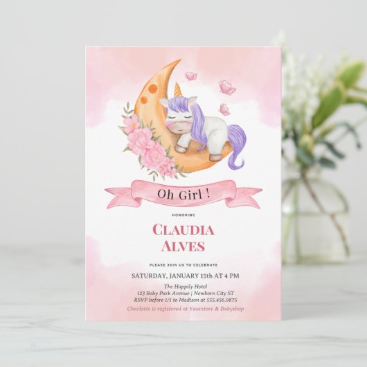 Oh Baby Girl Unicorn Dusche Einladung (Stehend Vorderseite)
