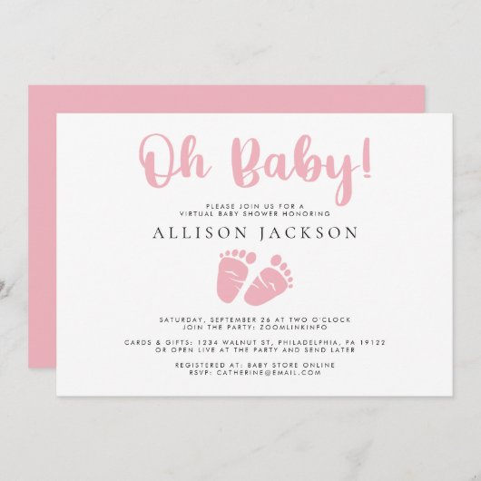Oh Baby Girl Virtual Shower Pink Baby Feet Simple Einladung (Vorne/Hinten)