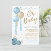 Oh Baby Gold & Blue Balloons Baby Shower Einladung (Stehend Vorderseite)
