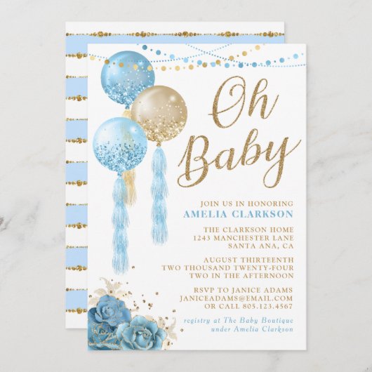 Oh Baby Gold & Blue Balloons Baby Shower Einladung (Vorne/Hinten)