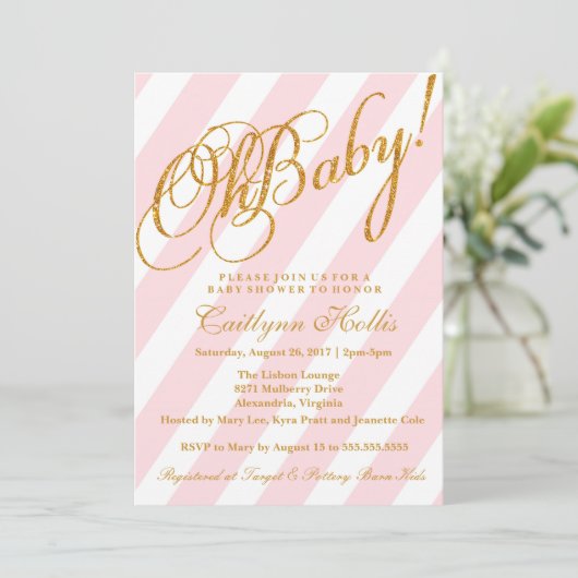 Oh Baby Gold Glitzer Stripe Baby Dusche Einladung (Stehend Vorderseite)