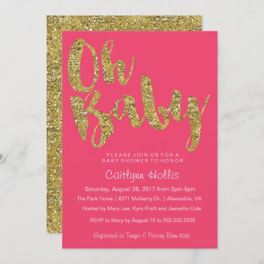 Oh Baby Gold Glitzer und Folie auf rosa Babydusche Einladung (Vorne/Hinten)
