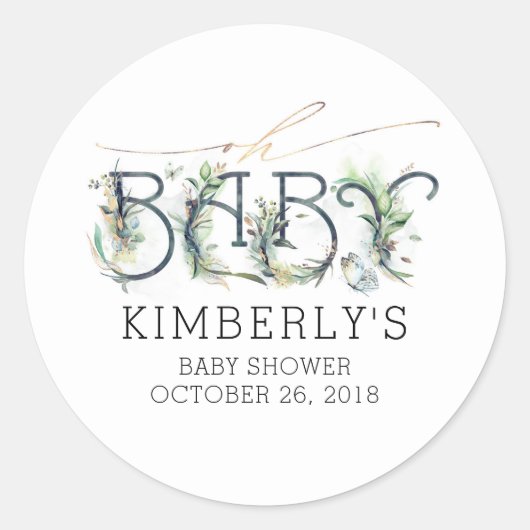 Oh Baby Gold Greenery Baby Shower Runder Aufkleber (Vorderseite)
