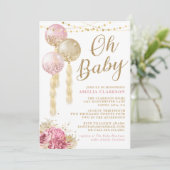 Oh Baby Gold & Pink Balloons Babydusche Einladung (Stehend Vorderseite)