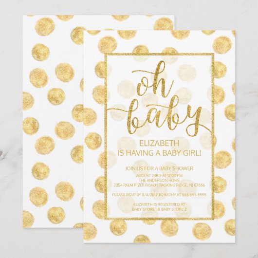 Oh, Baby! Gold Polka Dots Kinderdusche Einladung (Vorne/Hinten)