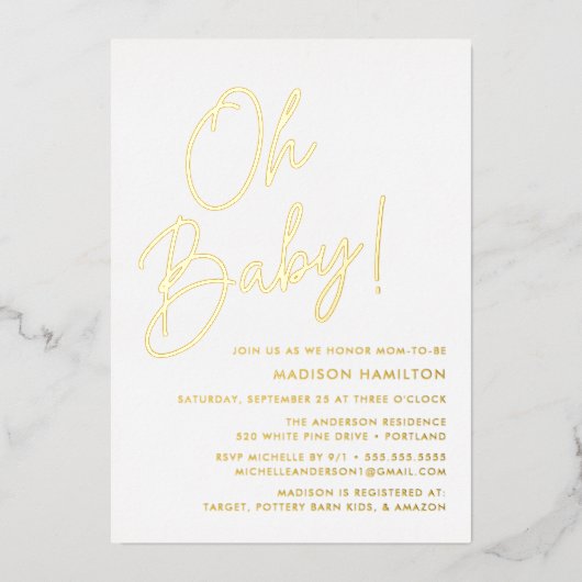 Oh Baby Gold Script Foto Baby Dusche Folieneinladung (Vorderseite)