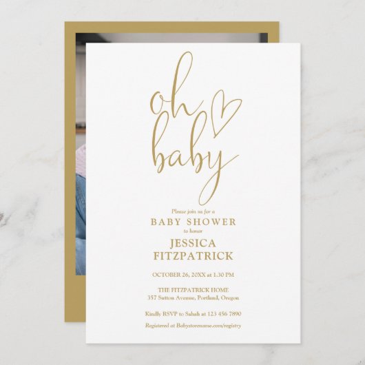 Oh Baby Gold Script Heart Foto Baby Dusche Einladung (Vorne/Hinten)