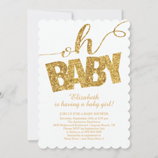 Oh, Baby! Goldene Glitzer Kinderdusche Einladung (Vorderseite)